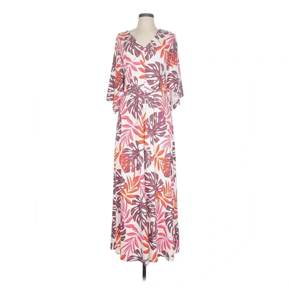 G by Giuliana Pink & Orange Stretchy Tropical Leaf Print Maxi Caftan Dress Large - Picture 2 of 7